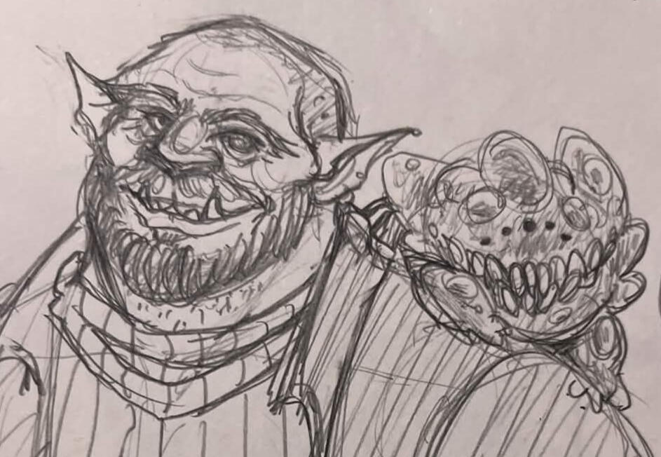An example of a traditional portrait sketch. Ghaddor, a bald half-human, half-bugbear person with a magic false eye. On his left shoulder sits Mutie the Plian, a jelly creature resembling a toad with 5 eyes and a row of sharp teeth.