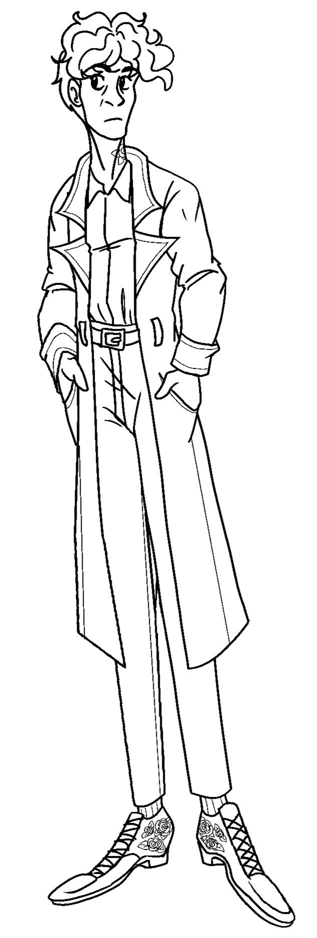 An example of a full body digital sketch with lines added. Annie, a person with short, curly hair, stands alert. She wears a trench coat and business casual attire, save for hand-embroidered brown brogues.