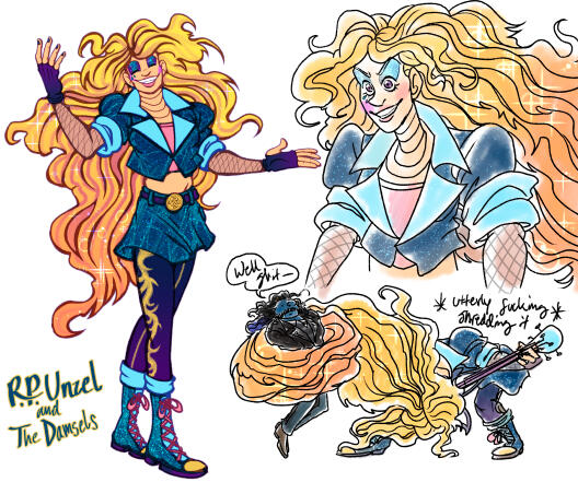 An example of 3 digital sketches with line art and color added, 2 are full body, 1 is a portrait. A concept page for a hair-metal princess doll called R.P. Unzel, who has magic hair she can control with her thoughts.