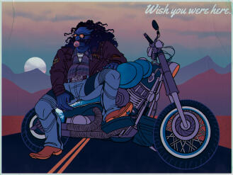 An example of a full body digital sketch with lines, color, and a background added. Rex, a large biker with dark blue skin and starry, 3A hair, sits on his trusty motorcycle Polestar and blows a bubble while chewing gum, posing for a postcard.