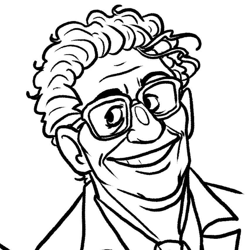 An example of a digital portrait sketch with lines added. Clark, an older man with big square glasses and curly hair, grins at the camera casually.