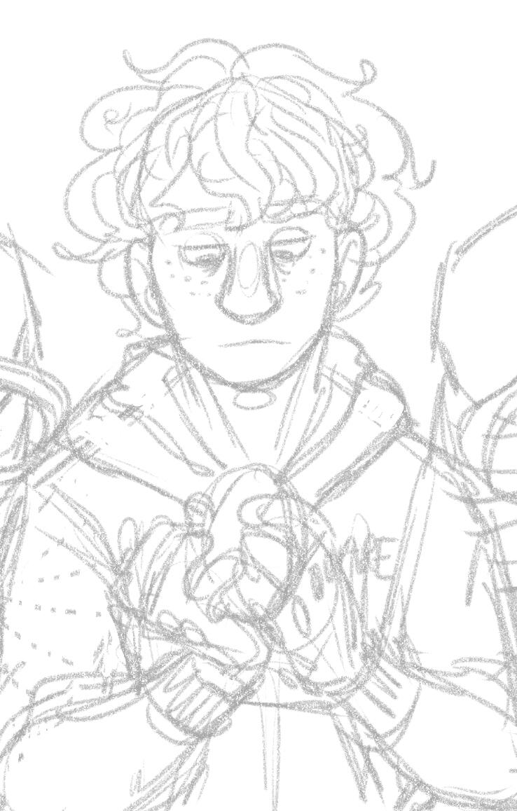 Eugène Contemplating His Opal An example of a digital portrait sketch. Eugène, a freckled, curly haired teenager in a hoodie, holds a large ovular opal with a pained expression.