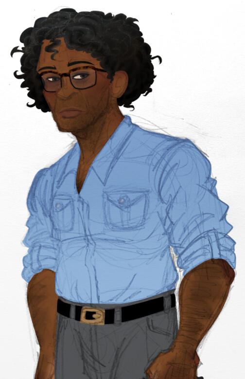 Zeke Church An example of a waist-up traditional sketch with color added. Zeke, a mixed-race man with curly black hair and glasses, glances to the viewer warily. He wears a comfortable silk shirt, slacks, and a belt.