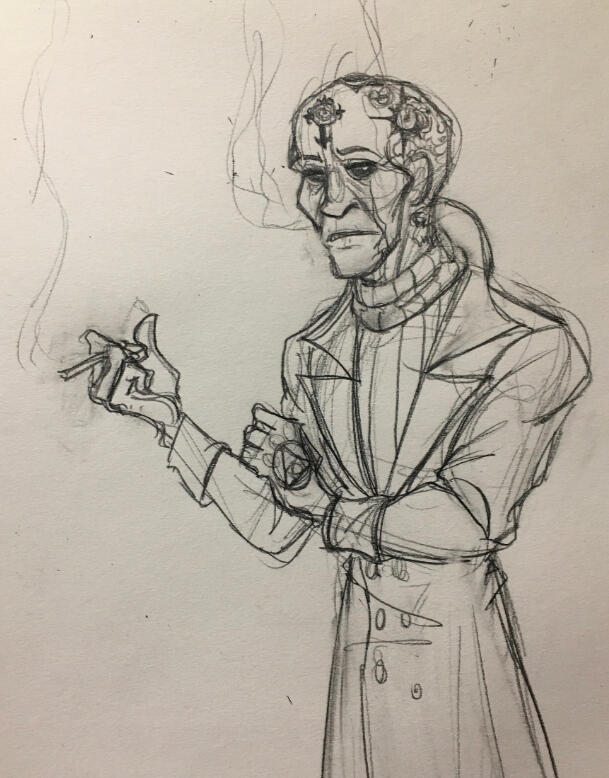 An example of a traditional waist-up sketch. Magnus, a bald man covered in alchemical tattoos wearing a turtleneck and trench coat, is smoking with a pensive expression.
