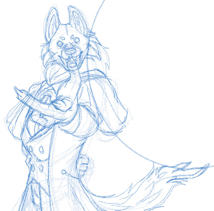 Khryscere Beckons An example of a digital waist-up sketch. Khryscere, an anthropomorphic wolf creature with button eyes and 1700s attire, offers the viewer a hand as the full Moon looms behind him.