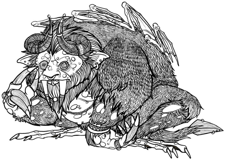 An example of a full body traditional sketch with lines added. Mammon, demon lord of Greed, inspects an old coin. He looks like a mole/toad cross, with 6 wings sprouting from his back and enormous talons.