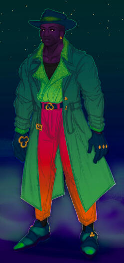 An example of a full body traditional sketch with color and a background added. Pam stands under a dark green sky, ready for anything. She wears an emerald trench coat, fedora, and shoes, a bright green open shirt, and vibrant reddish orange pants.