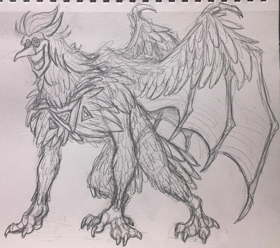 An example of a traditional full body sketch. Baptiste, an alternate-universe Spamton NEO from Deltarune, stands menacingly. He's a biological entity resembling a frightful bearded vulture and a bat.