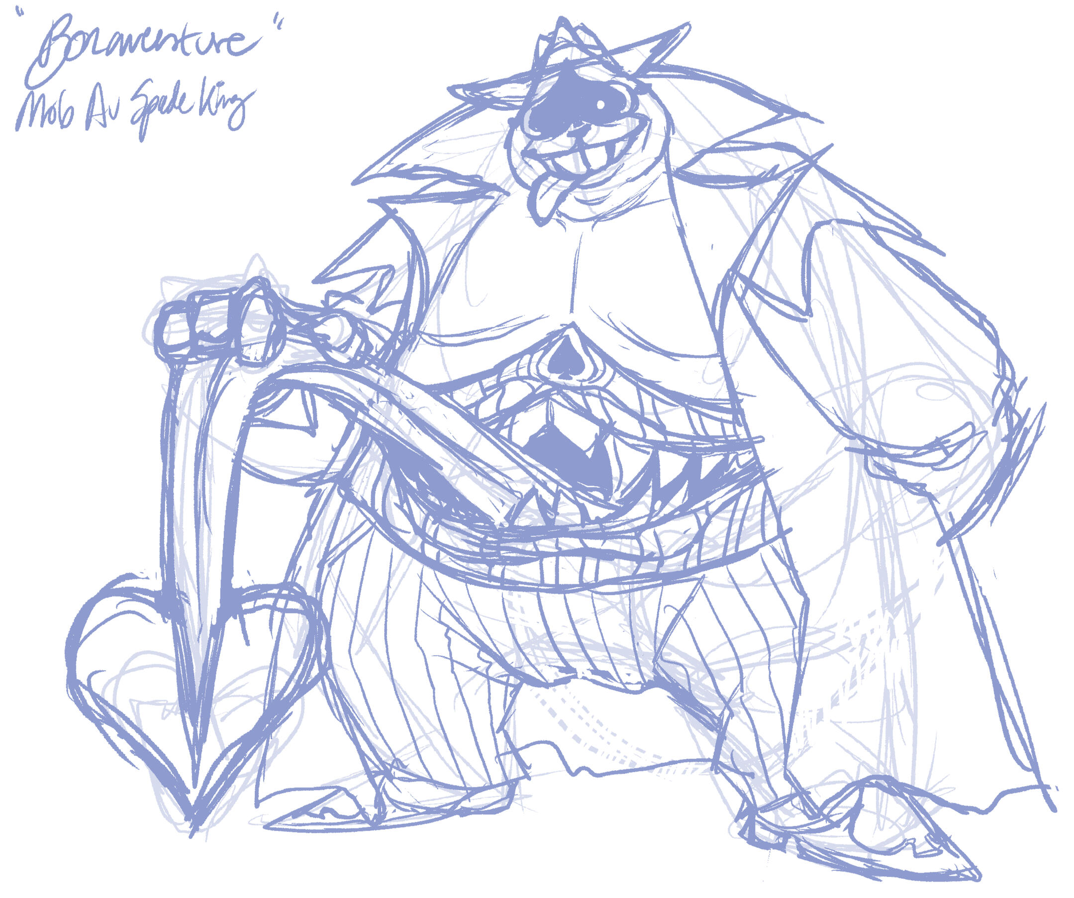 An example of a full body digital sketch. Bonaventure, an alternate-universe version of King from Deltarune, poses with the spaded tongue of his corseted stomach-mouth like he's leaning on a shovel, leering at the viewer.