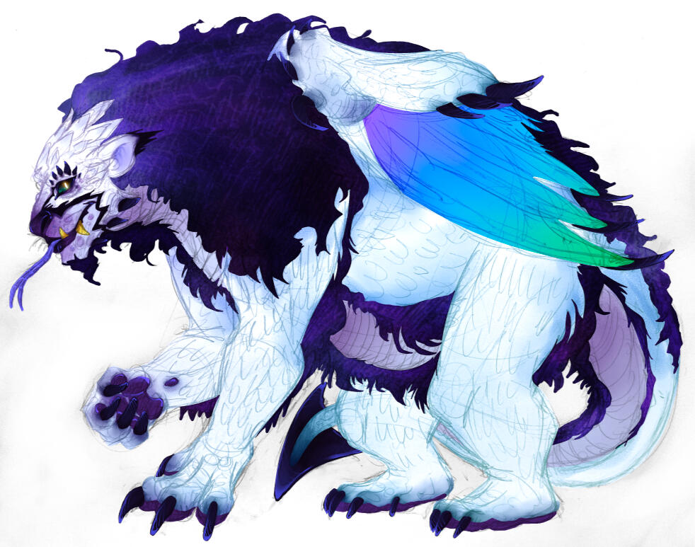 An example of a traditional full body sketch with color added. Graz in dragon form looms large. He is a white dragon with dark, purplish hair and spines, as well as iridescent blue, interfemoral membrane in his wings.