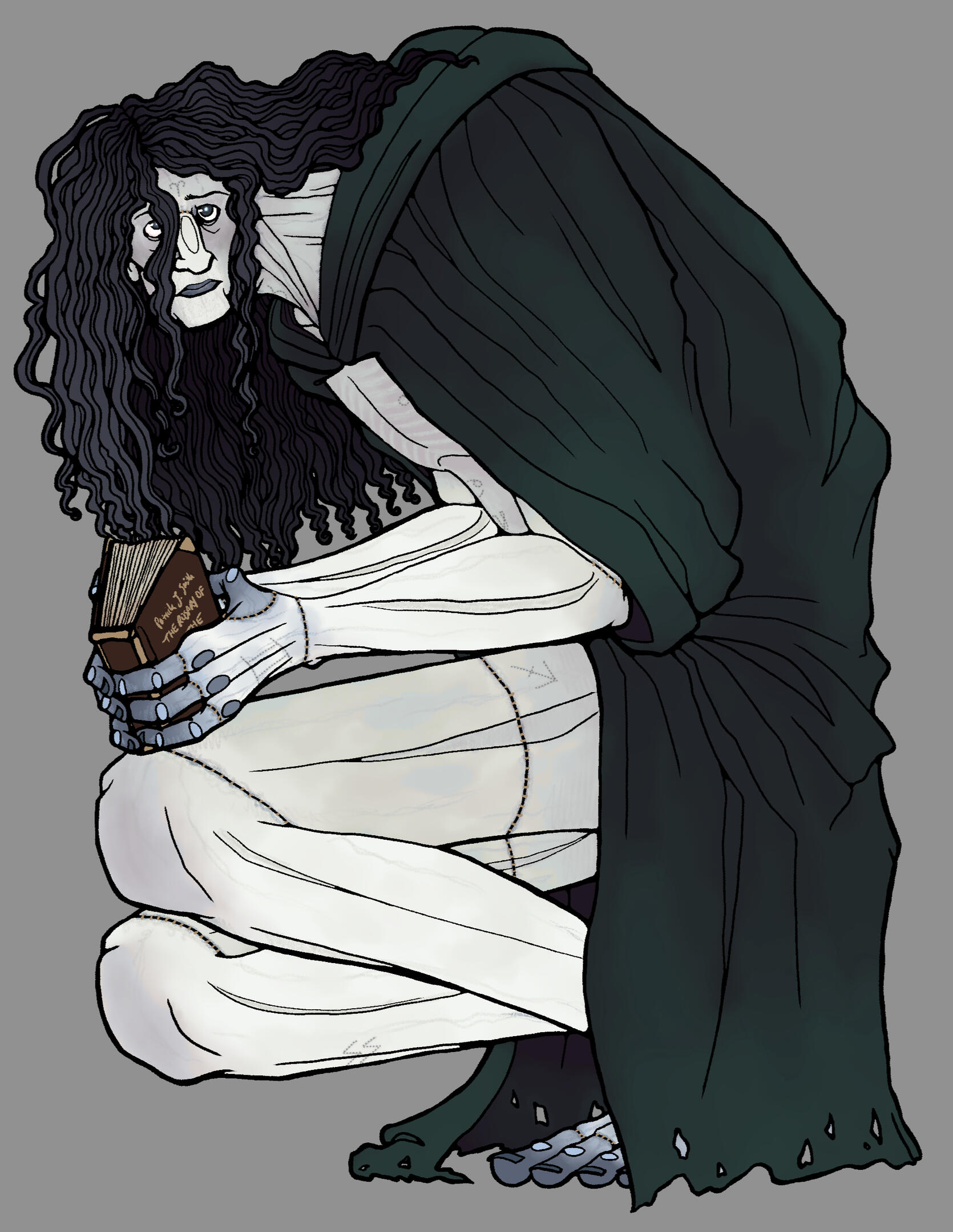 An example of a digital full body sketch with lines and color added. Mooncalf, the Frankenstein's Monster, is looking up from a book he was reading nervously. He's a hulking pale creature with long black hair and a dark green cloak.