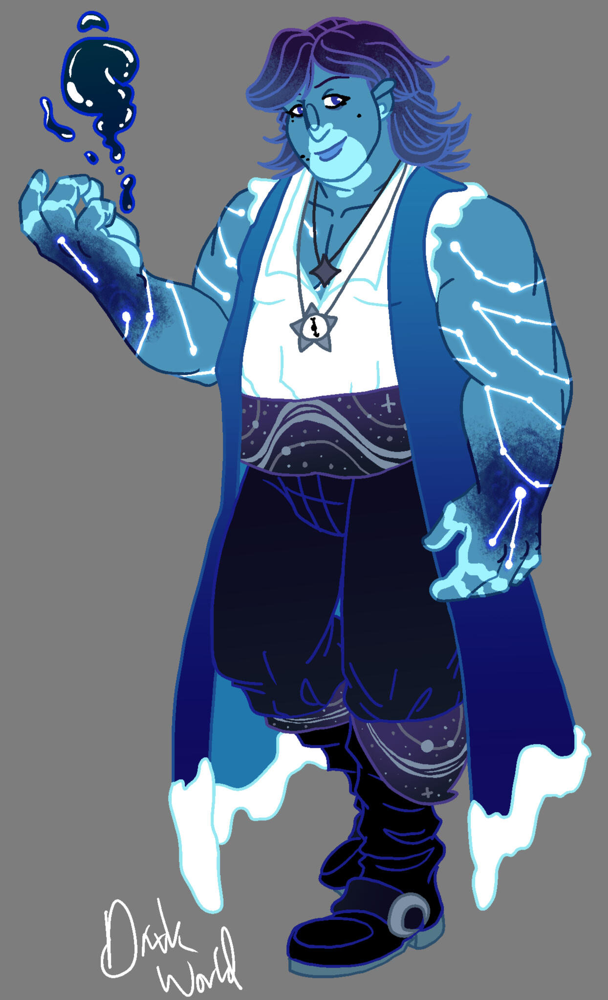 An example of a full body, digital sketch with lines and color added. Skylar, a big and tall sorceror with constellations tattooed up their arms and vitiligo, uses magic to manipulate pitch-black water above her hand.